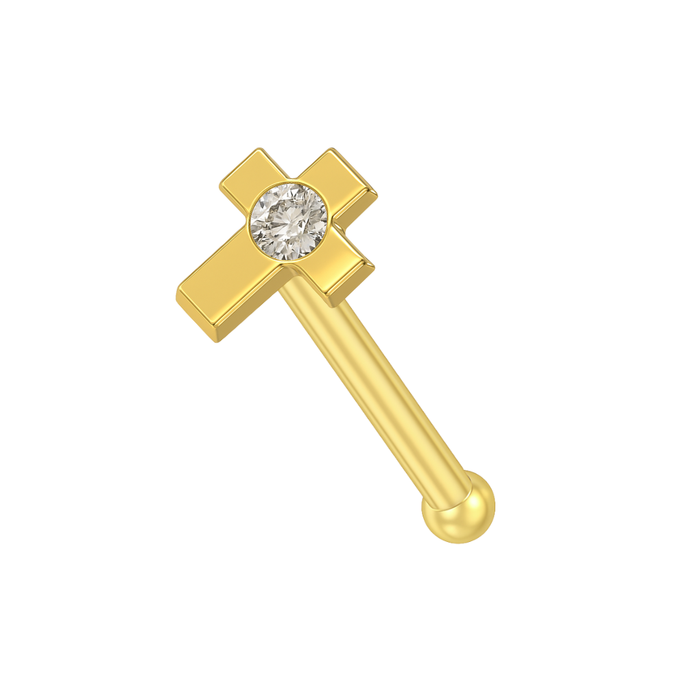 9K Gold Cubic Zirconia Jewelled Cross Design Nose Bone - Monster Piercing