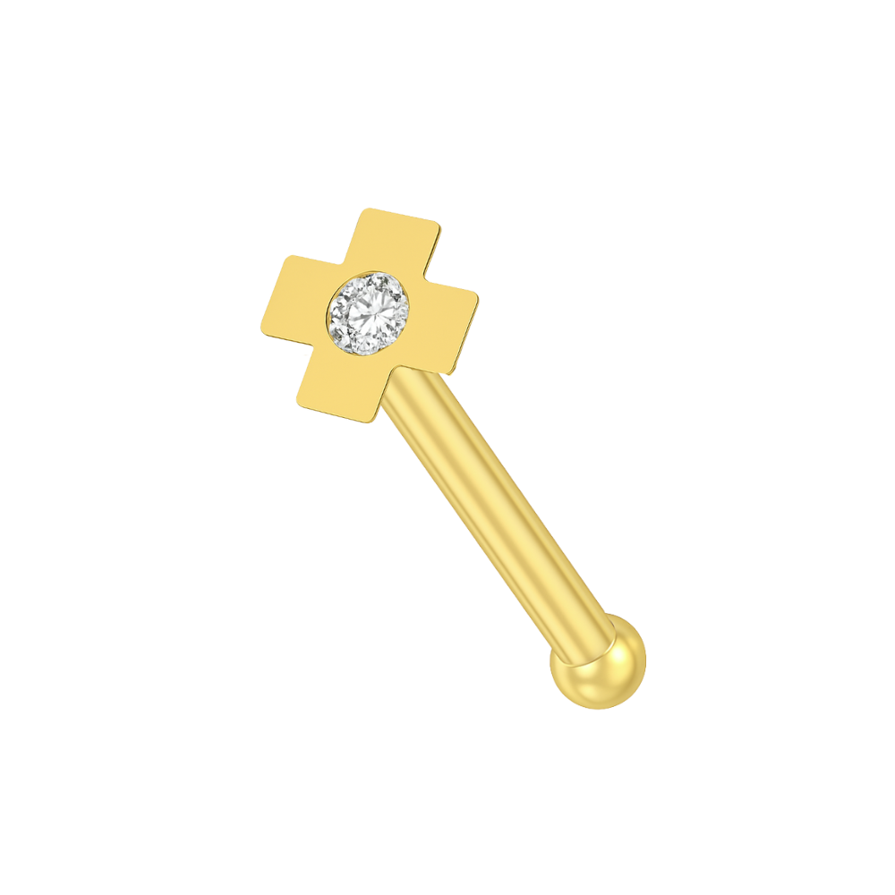9K Gold Cubic Zirconia Jewelled Cross Nose Bone - Monster Piercing
