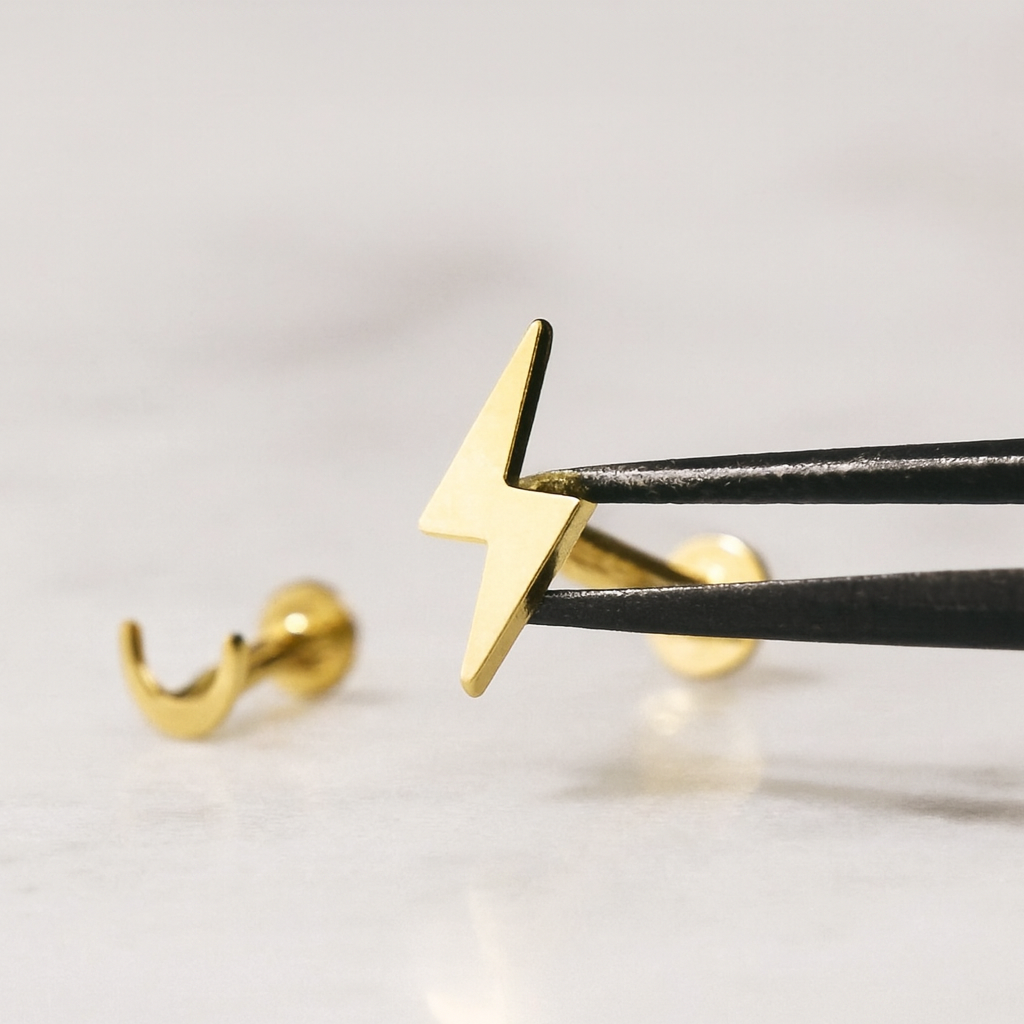 14K Gold Internally Threaded Lightning Bolt Stud - Monster Piercing
