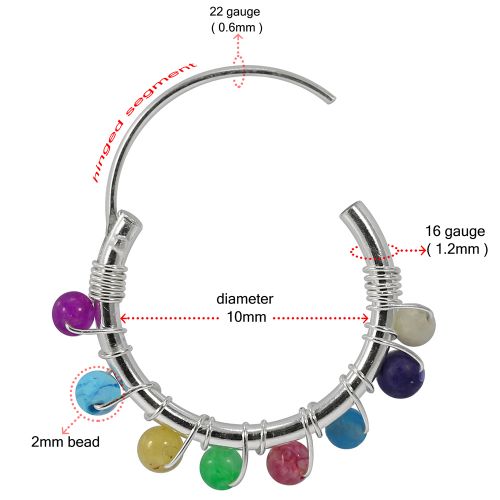 925 Sterling Silver Eight Beaded Segment Nose Ring Black Black Mix