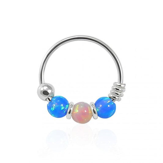 925 Sterling Silver Dark Blue with Pink Opal Bead in Center Nose Hoop Ring - Monster Piercing
