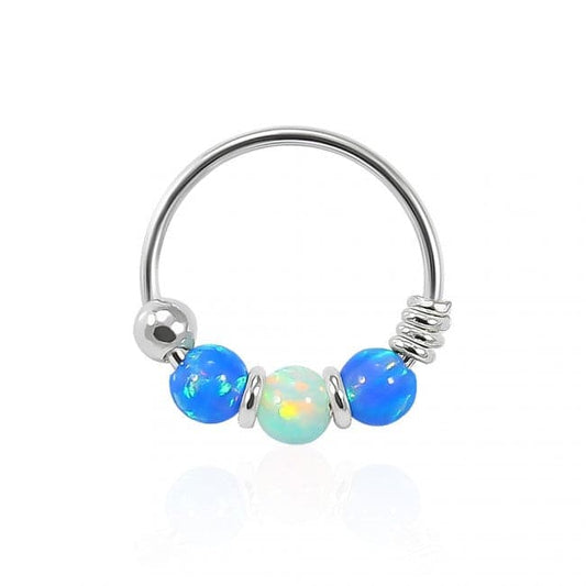 925 Sterling Silver Dark Blue with Light Green Opal Bead in Center Nose Hoop Ring - Monster Piercing
