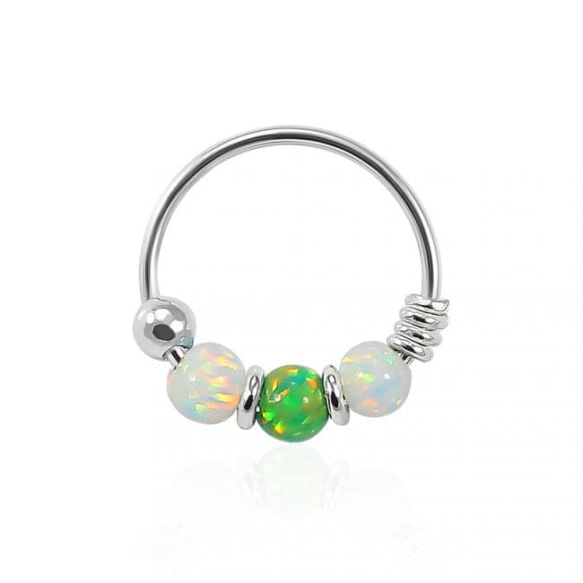 925 Sterling Silver AB with Green Opal Bead in Center Nose Hoop Ring - Monster Piercing
