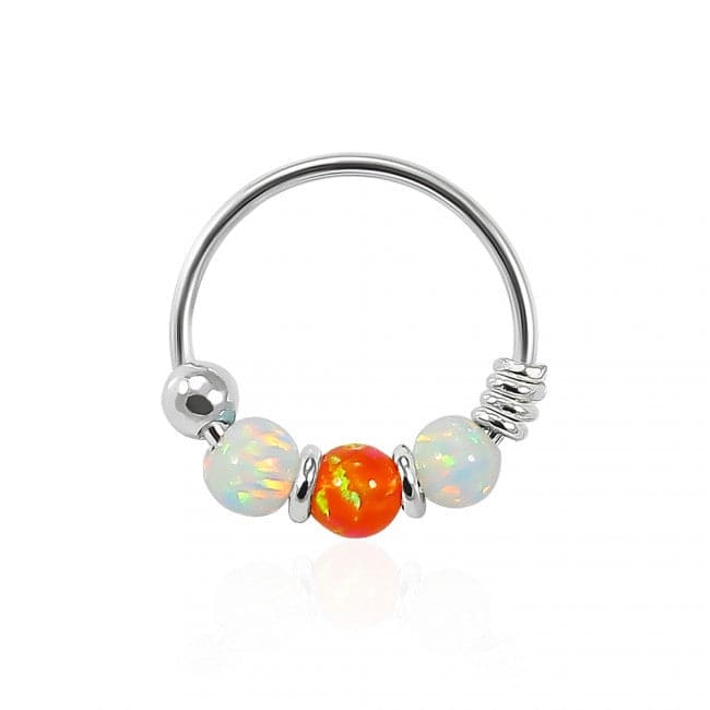 925 Sterling Silver White with Orange Opal Bead in Center Nose Hoop Ring - Monster Piercing