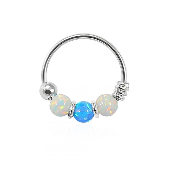 925 Sterling Silver AB with Dark Blue Opal Bead in Center Nose Hoop Ring - Monster Piercing