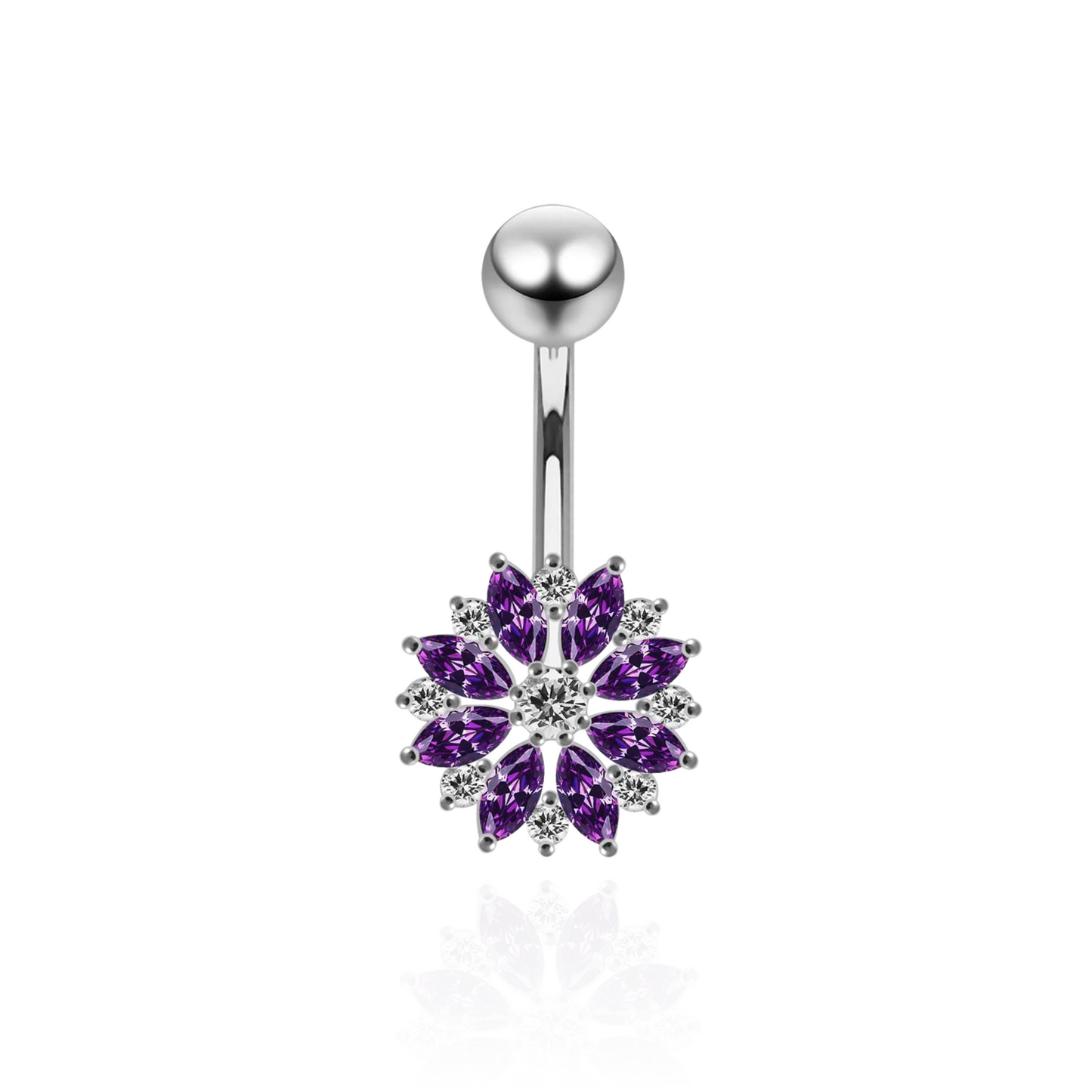 925 Sterling Silver Multi CZ Jewelled Lesser Calendine Flower Design Belly Ring Clear Clear Lavender Aqua Dark Blue Pink Purple Emerald Black Peridot
