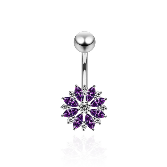 925 Sterling Silver Multi CZ Jewelled Lesser Calendine Flower Design Belly Ring Clear Clear Lavender Aqua Dark Blue Pink Purple Emerald Black Peridot