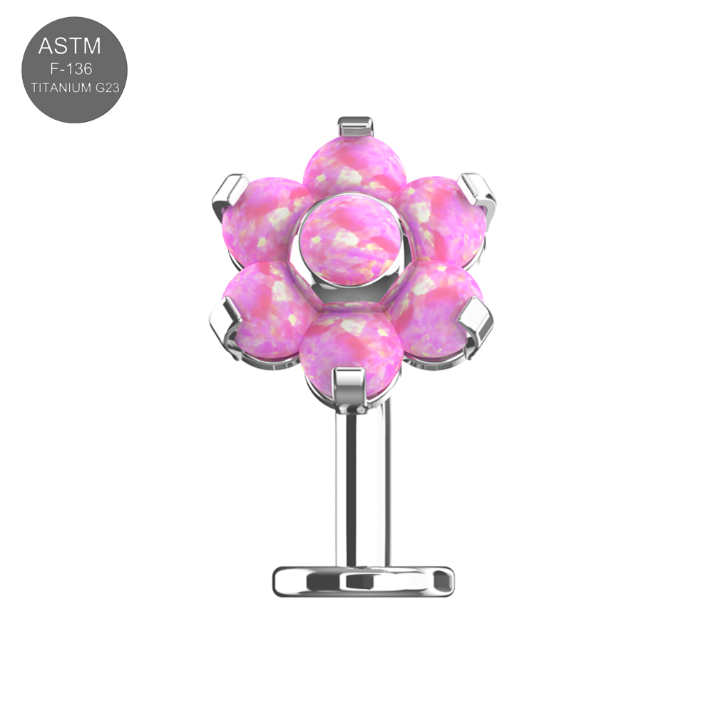 G23 Titanium Flower Opal Threadless Belly Ring in silver with pink opal gems. Durable, floating design for a sparkling, elegant look.