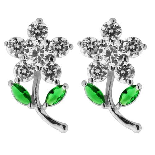 925 Sterling Silver Jewelled Daisy with Leaf Ear Stud - Monster Piercing