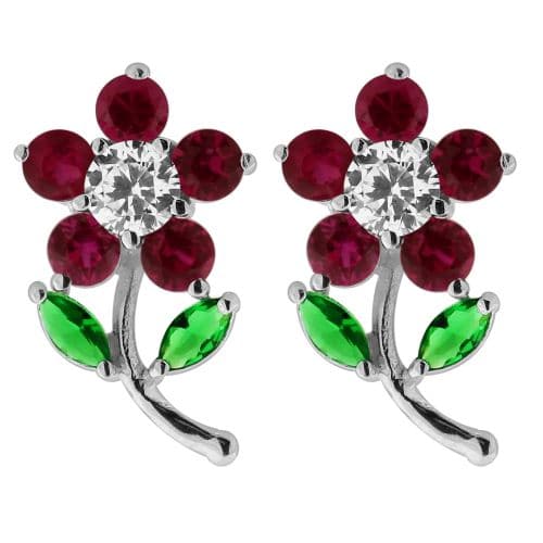 925 Sterling Silver Jewelled Daisy with Leaf Ear Stud - Monster Piercing