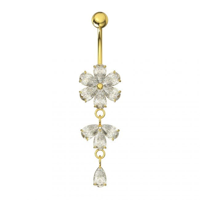 925 Sterling Silver Moving Flower Designed CZ Jewelled Navel Ring - Monster Piercing