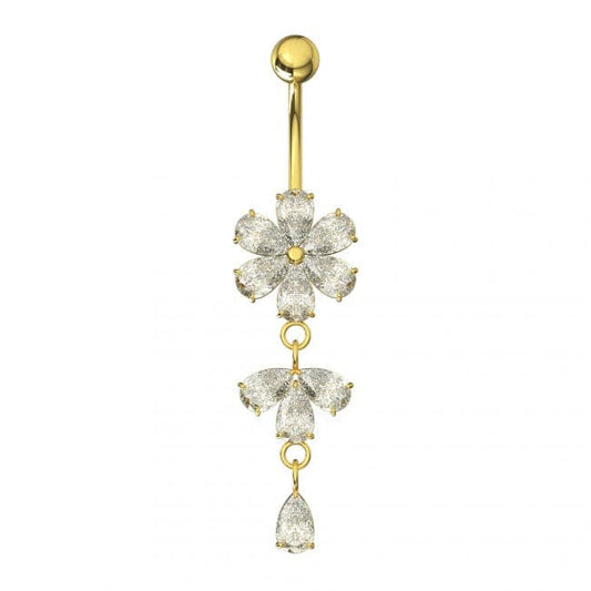 925 Sterling Silver Moving Flower Designed CZ Jewelled Navel Ring - Monster Piercing