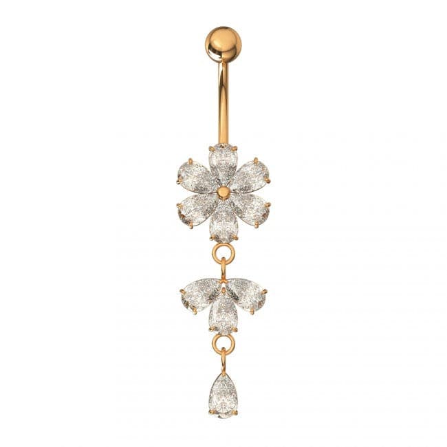 925 Sterling Silver Moving Flower Designed CZ Jewelled Navel Ring - Monster Piercing