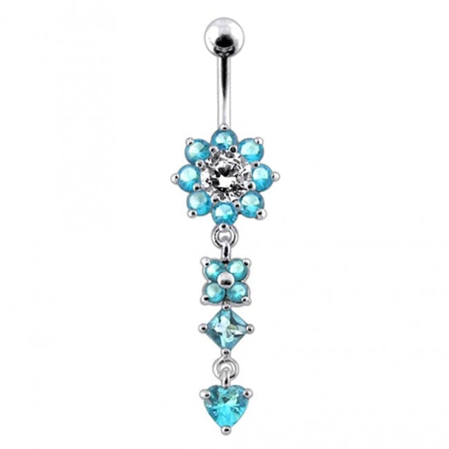 925 Sterling Silver Flower Jewelled Dangling 316L SS Curved Belly Ring - Monster Piercing