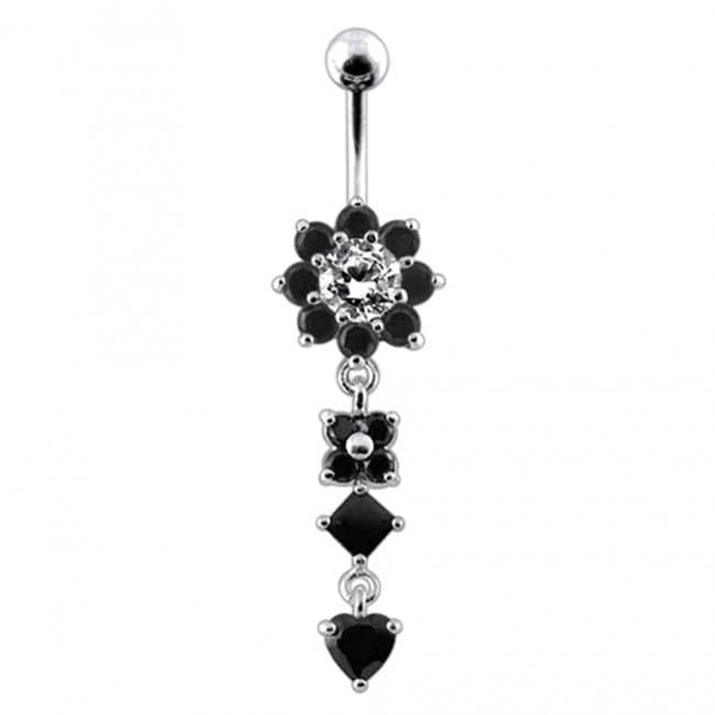 925 Sterling Silver Flower Jewelled Dangling 316L SS Curved Belly Ring - Monster Piercing