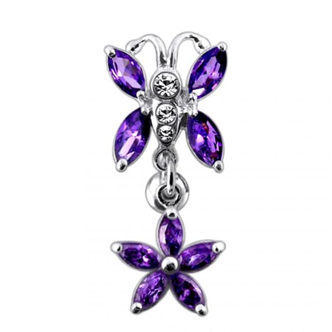 925 Sterling Silver Butterfly Flower Dangling Belly Ring - Monster Piercing