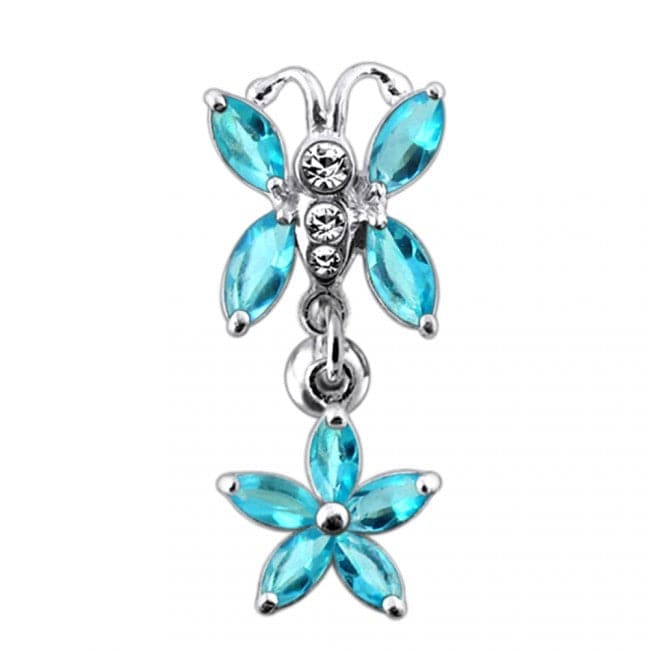 925 Sterling Silver Butterfly Flower Dangling Belly Ring - Monster Piercing