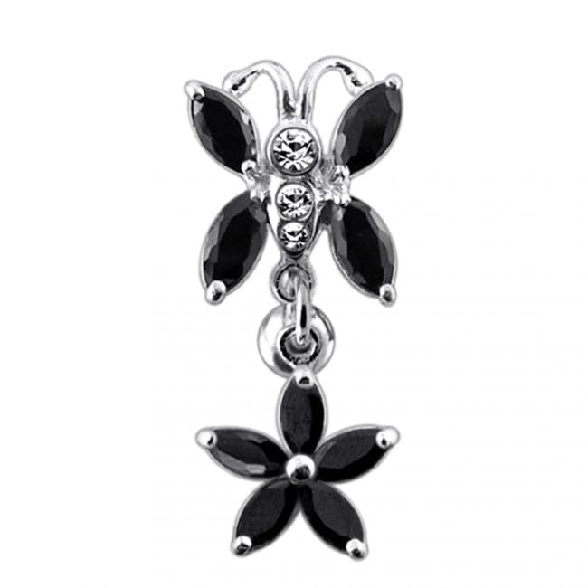 925 Sterling Silver Butterfly Flower Dangling Belly Ring - Monster Piercing