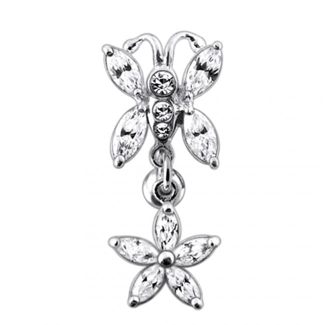 925 Sterling Silver Butterfly Flower Dangling Belly Ring - Monster Piercing
