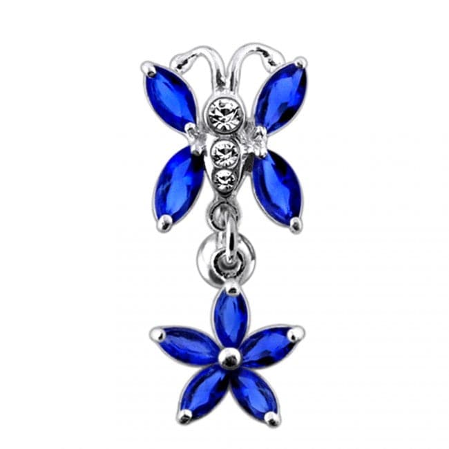 925 Sterling Silver Butterfly Flower Dangling Belly Ring - Monster Piercing