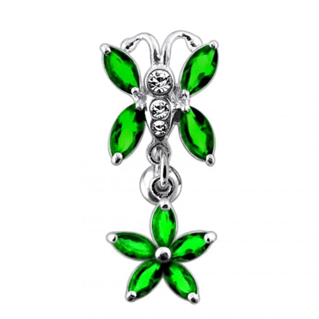 925 Sterling Silver Butterfly Flower Dangling Belly Ring - Monster Piercing