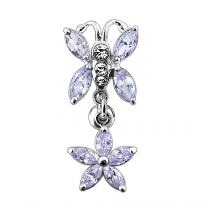 925 Sterling Silver Butterfly Flower Dangling Belly Ring - Monster Piercing