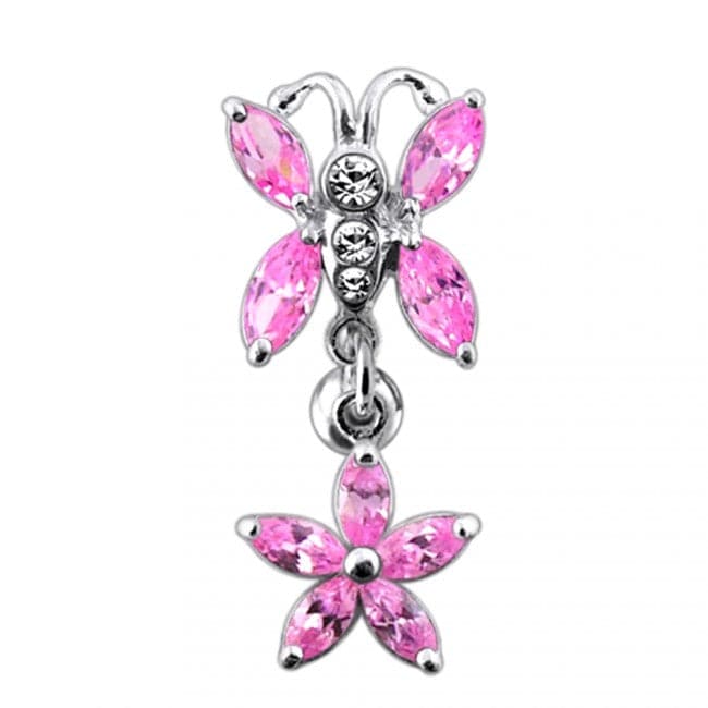925 Sterling Silver Butterfly Flower Dangling Belly Ring - Monster Piercing
