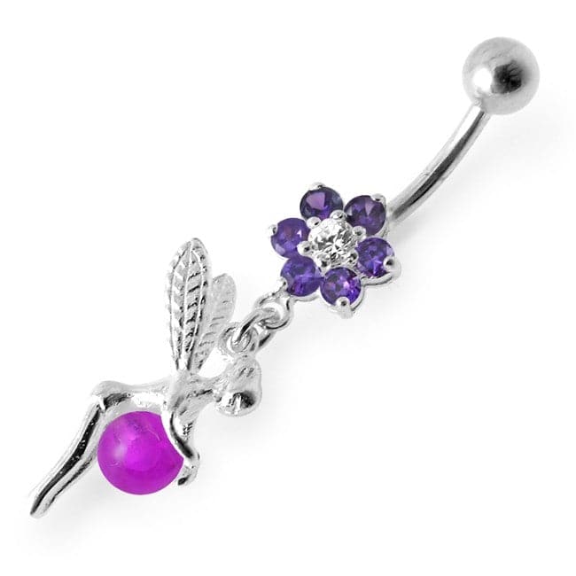 925 Sterling Silver Angel Flower & Ball Jewelled Belly Ring - Monster Piercing