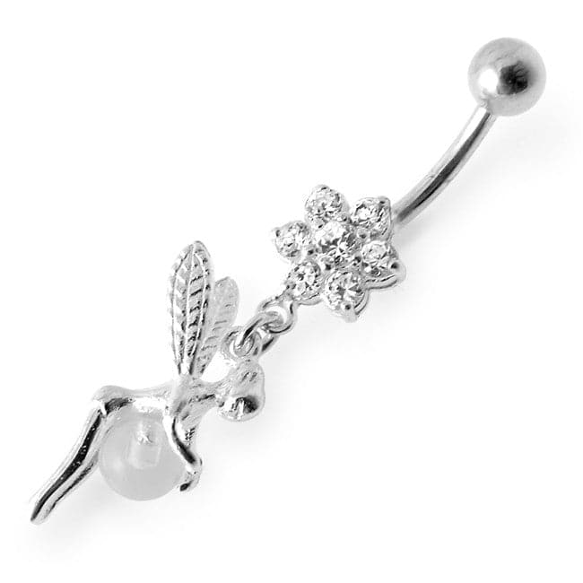 925 Sterling Silver Angel Flower & Ball Jewelled Belly Ring - Monster Piercing