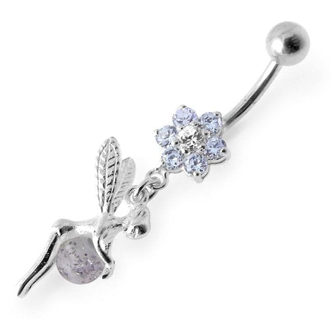 925 Sterling Silver Angel Flower & Ball Jewelled Belly Ring - Monster Piercing
