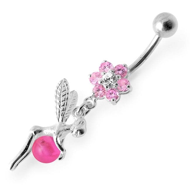 925 Sterling Silver Angel Flower & Ball Jewelled Belly Ring - Monster Piercing