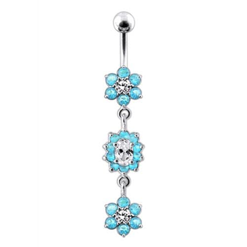 925 Sterling Silver Triple Flowers  Jewelled Dangling Belly Ring - Monster Piercing