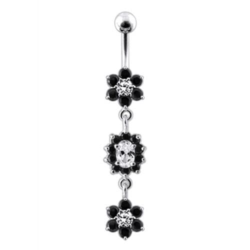 925 Sterling Silver Triple Flowers  Jewelled Dangling Belly Ring - Monster Piercing