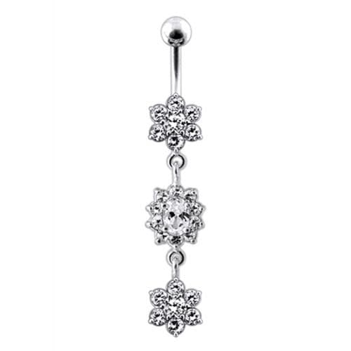 925 Sterling Silver Triple Flowers  Jewelled Dangling Belly Ring - Monster Piercing