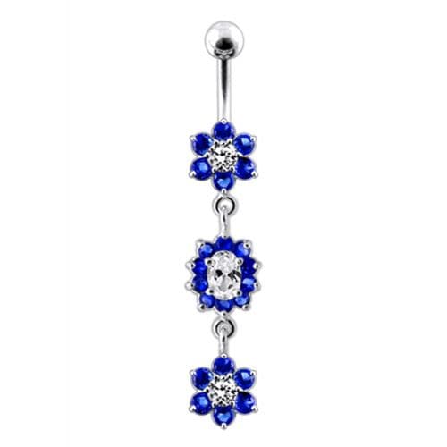 925 Sterling Silver Triple Flowers  Jewelled Dangling Belly Ring - Monster Piercing