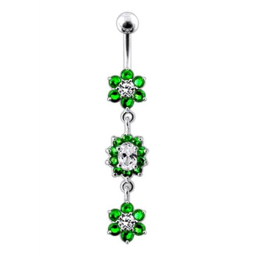 925 Sterling Silver Triple Flowers  Jewelled Dangling Belly Ring - Monster Piercing