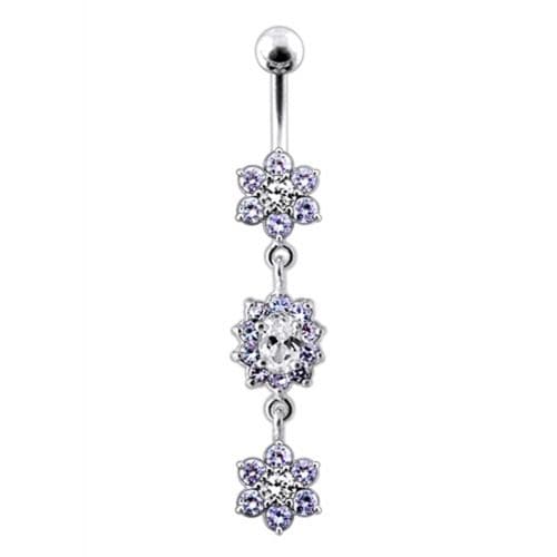 925 Sterling Silver Triple Flowers  Jewelled Dangling Belly Ring - Monster Piercing