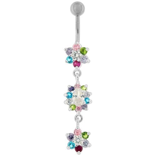 925 Sterling Silver Triple Flowers  Jewelled Dangling Belly Ring - Monster Piercing