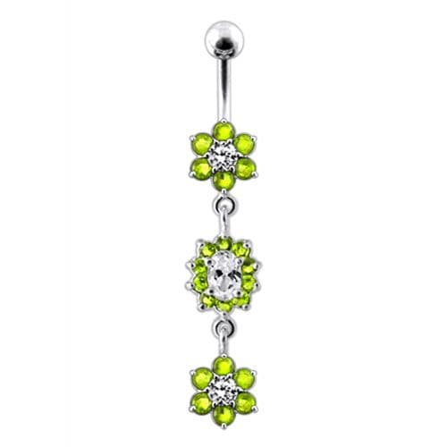 925 Sterling Silver Triple Flowers  Jewelled Dangling Belly Ring - Monster Piercing