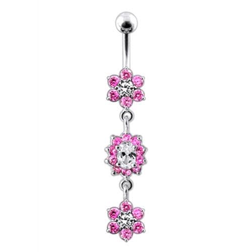 925 Sterling Silver Triple Flowers  Jewelled Dangling Belly Ring - Monster Piercing