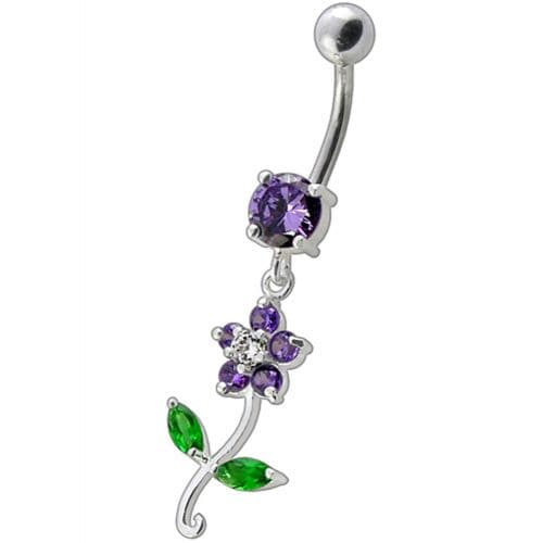 925 Sterling Silver Fancy Flower With Green Jewelled Leafs Dangling Navel Banana Bar Ring - Monster Piercing