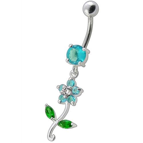 925 Sterling Silver Fancy Flower With Green Jewelled Leafs Dangling Navel Banana Bar Ring - Monster Piercing
