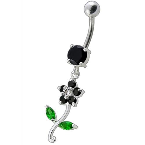 925 Sterling Silver Fancy Flower With Green Jewelled Leafs Dangling Navel Banana Bar Ring - Monster Piercing