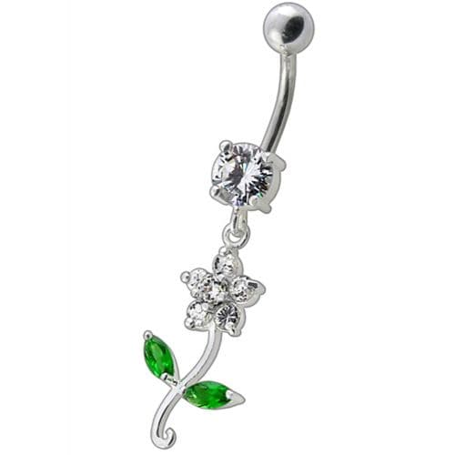 925 Sterling Silver Fancy Flower With Green Jewelled Leafs Dangling Navel Banana Bar Ring - Monster Piercing