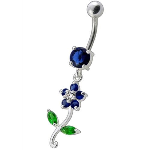 925 Sterling Silver Fancy Flower With Green Jewelled Leafs Dangling Navel Banana Bar Ring - Monster Piercing