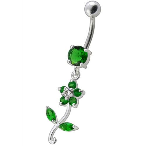 925 Sterling Silver Fancy Flower With Green Jewelled Leafs Dangling Navel Banana Bar Ring - Monster Piercing