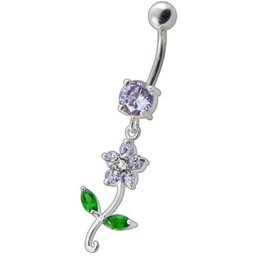 925 Sterling Silver Fancy Flower With Green Jewelled Leafs Dangling Navel Banana Bar Ring - Monster Piercing