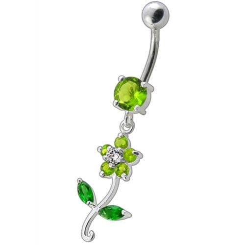 925 Sterling Silver Fancy Flower With Green Jewelled Leafs Dangling Navel Banana Bar Ring - Monster Piercing