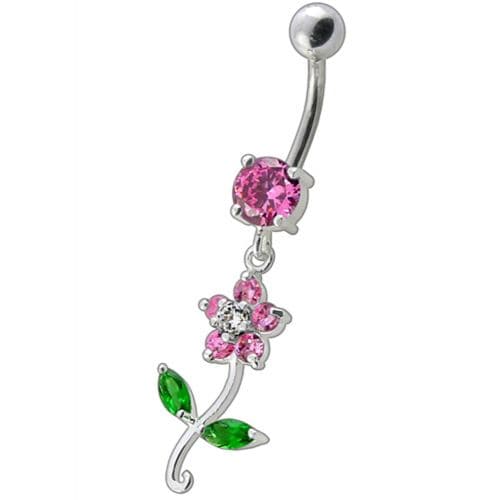 925 Sterling Silver Fancy Flower With Green Jewelled Leafs Dangling Navel Banana Bar Ring - Monster Piercing