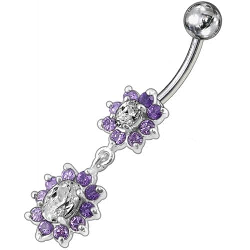 925 Sterling Silver Fancy Double Flowered  Dangling Navel Ring - Monster Piercing